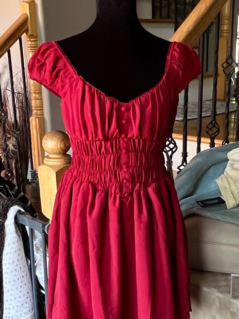 Deep Red Fitted Smocked-Waist Mini Dress